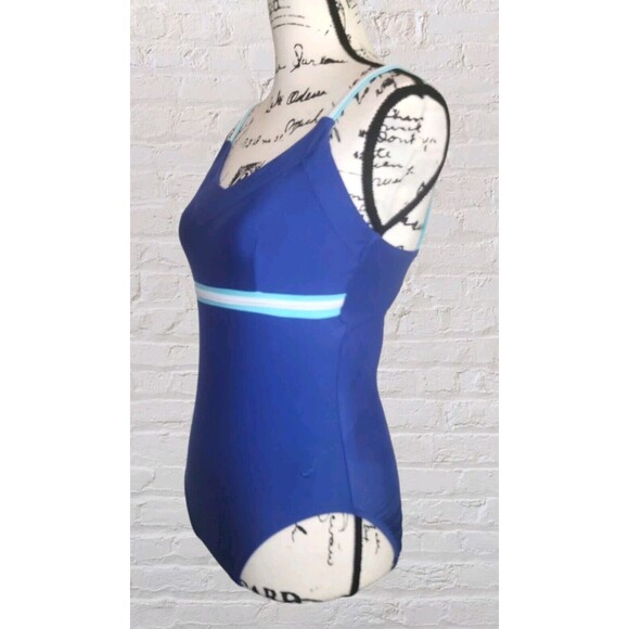 Jantzen Modest One Piece Swimsuit Size MED Blue Shelf Bra Cut Out Back Beach - Picture 2 of 6